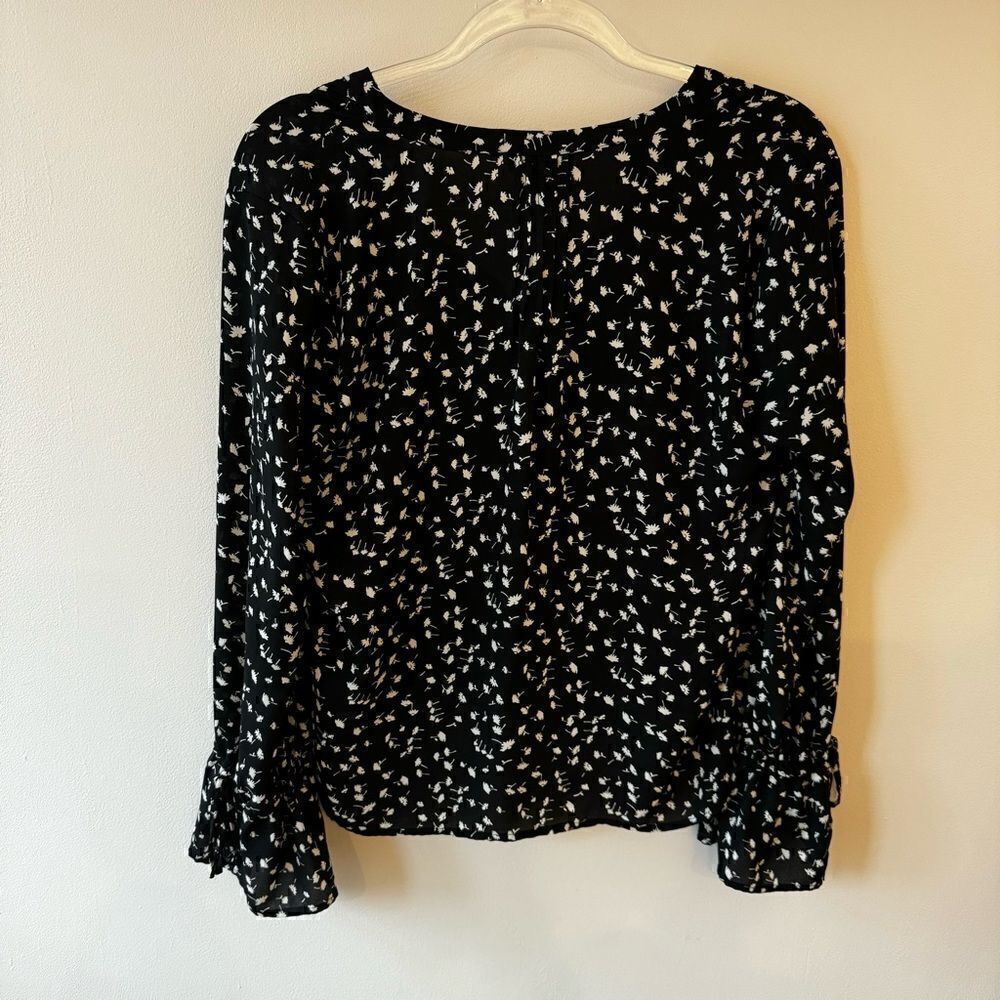 Leaving Soon!J Crew Black Floral Pintuck Popover Top with Long Bell Sleeve - Picture 3 of 6